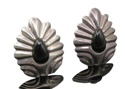 MEXICO 925 Sterling Silver Vintage Black Onyx Fluted Non Pierce Earrings  EG5739