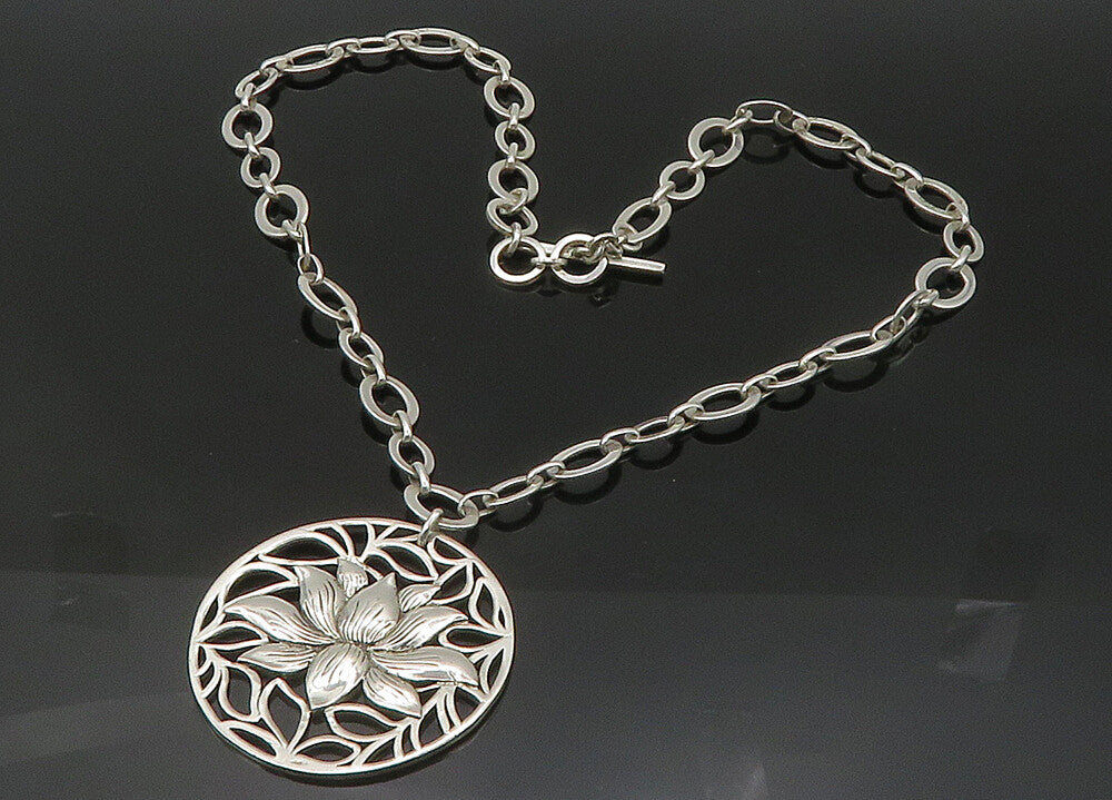 925 Sterling Silver  Vintage Shiny Lotus Flower Oval Chain Necklace  NE3513