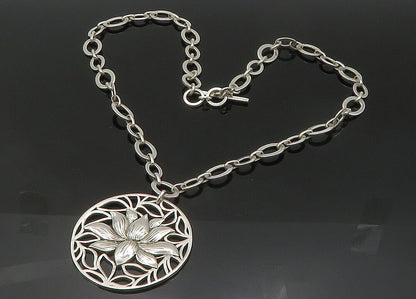 925 Sterling Silver  Vintage Shiny Lotus Flower Oval Chain Necklace  NE3513