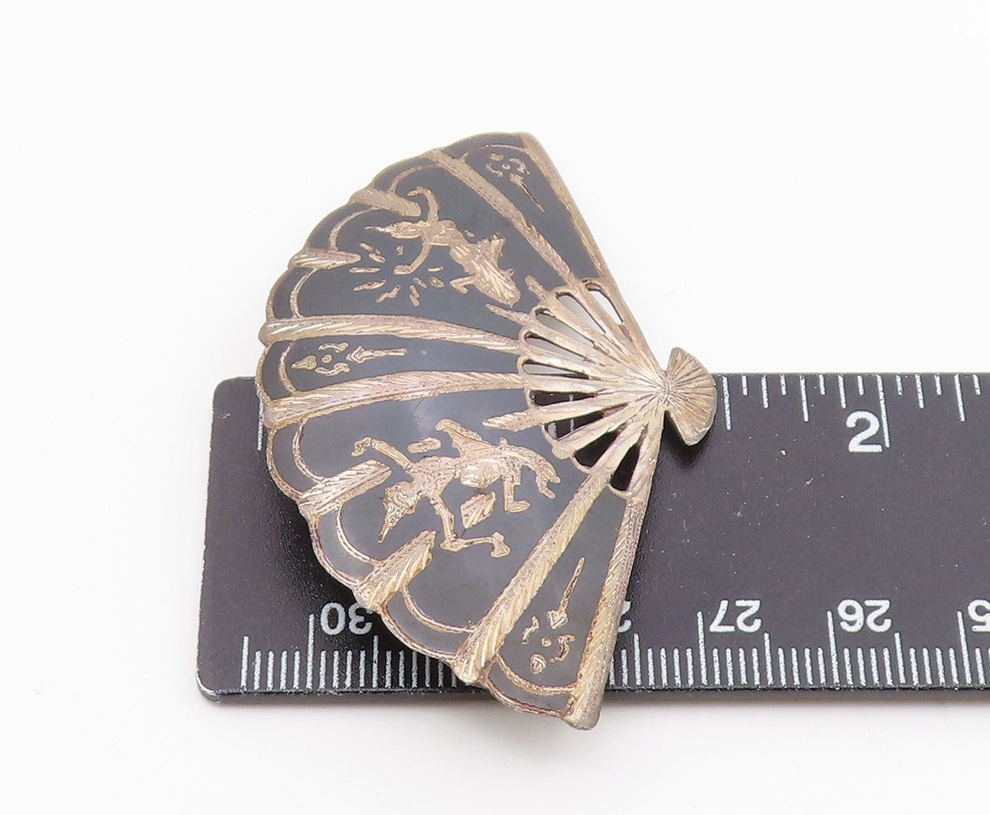 SIAM 925 Sterling Silver  Vintage Niello Enamel Hand Fan Brooch Pin  BP6528