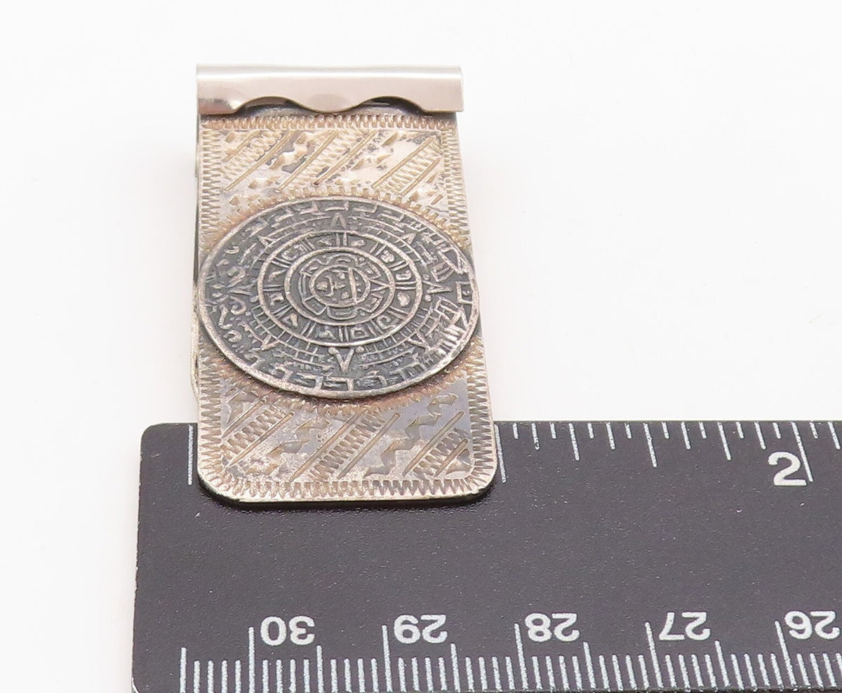 925 Sterling Silver Vintage Money Clip MEXICO Dark Tone Aztec Moon Carved TR3823