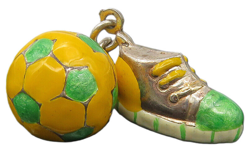 925 Sterling Silver  Vintage Enamel Soccer Ball & Cleat Sports Pendant  PT9350
