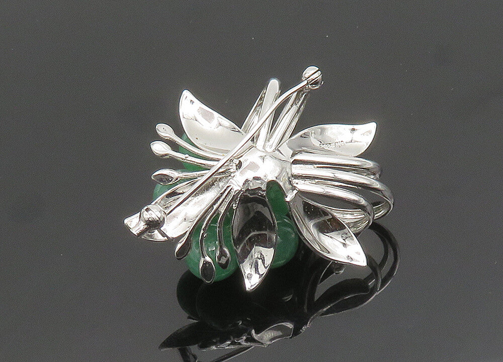 925 Sterling Silver  Vintage Jade Beads Shiny Floral Brooch Pin  BP7840