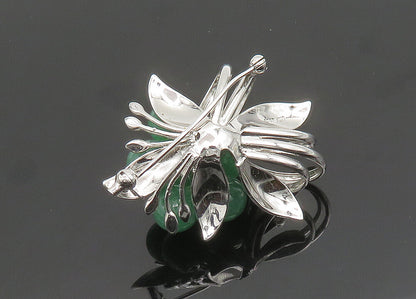 925 Sterling Silver  Vintage Jade Beads Shiny Floral Brooch Pin  BP7840