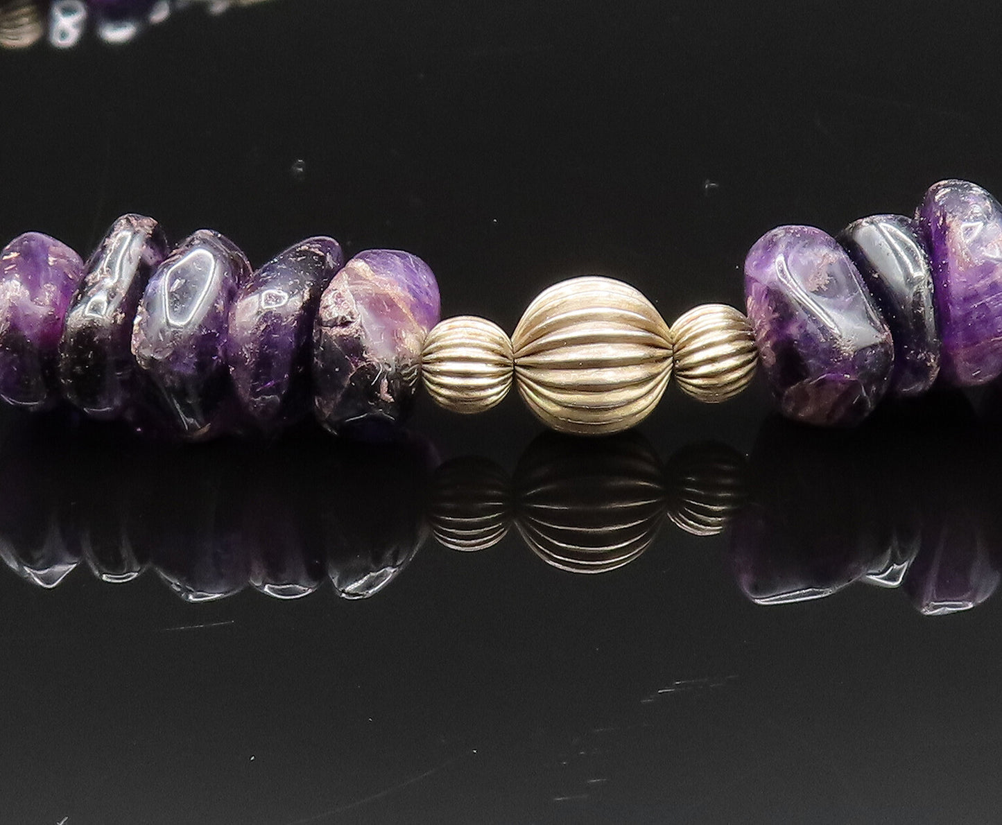 925 Sterling Silver  Vintage Ribbed Sphere & Charoite Pattern Necklace  NE3909
