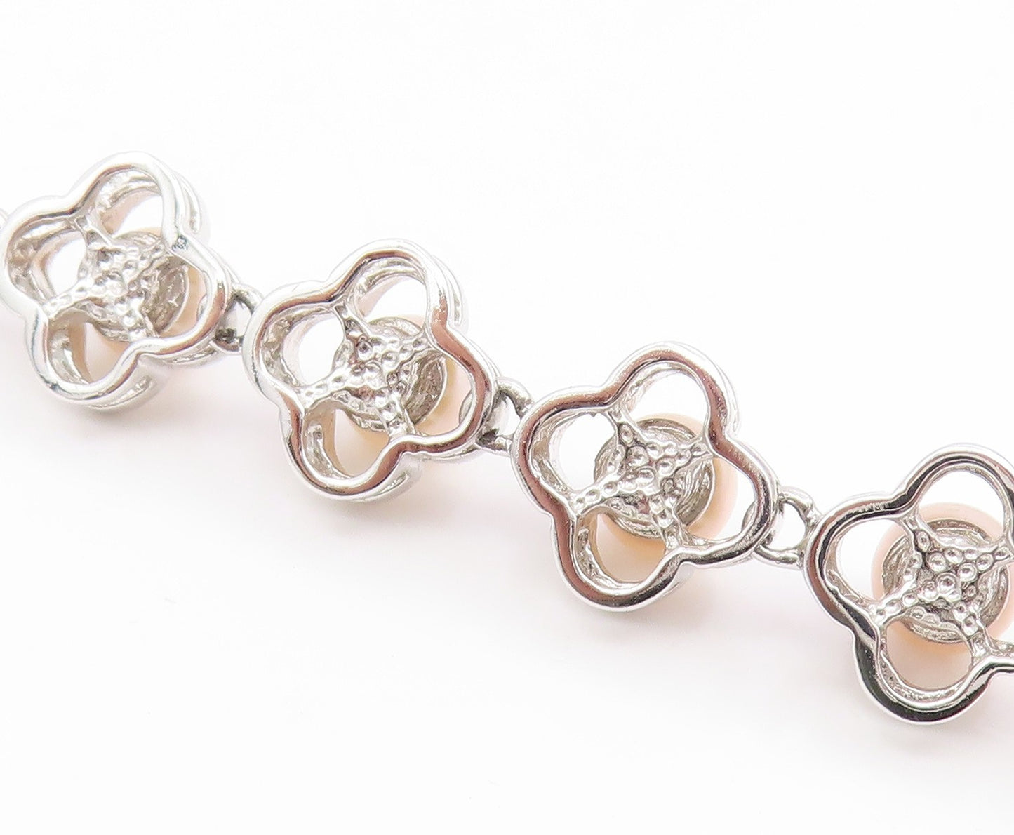 925 Sterling Silver Vintage Necklace Round Pearl Elegant Floral Chain  NE4810
