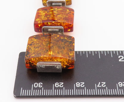 925 Sterling Silver Vintage Necklace Square Cabochon Drop Honey Amber  NE4599
