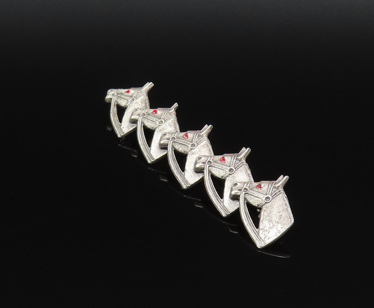 925 Silver  Vintage Antique Five Horse Heads & Enamel Eyes Brooch Pin  BP9702