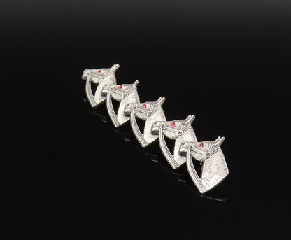 925 Silver  Vintage Antique Five Horse Heads & Enamel Eyes Brooch Pin  BP9702