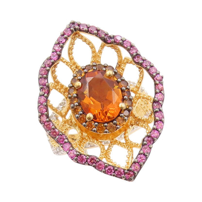 925 Sterling Silver Vintage Ring Gold Plated Designer Citrine & CZ  Sz 5 RG32321