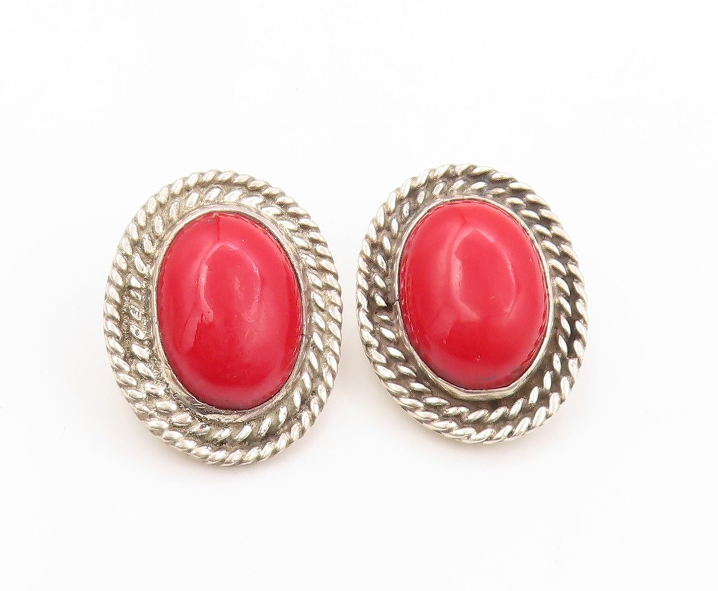 925 Sterling Silver Vintage Earrings MEXICO Oval Gemstone Roped Border EG13370
