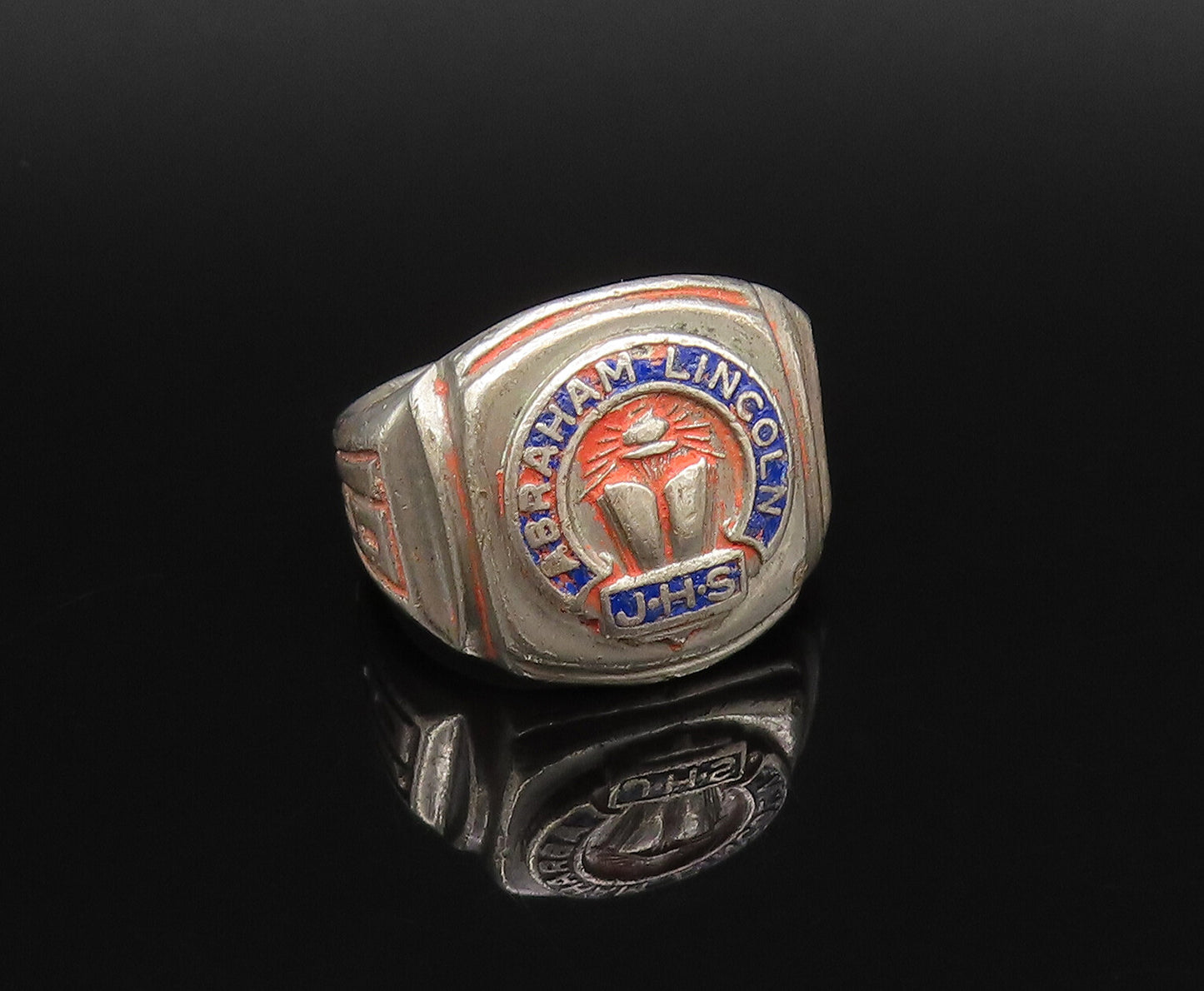 925 Silver  Vintage Antique Enamel Abraham Lincoln JHS Ring Sz 8  RG25833