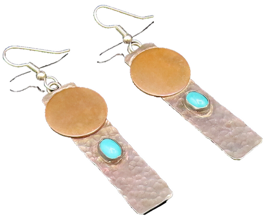 925 Silver  Vintage Round Disc & Hammered Flat Bar Turquoise Earrings  EG12230