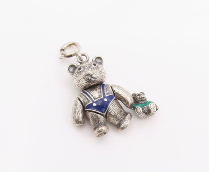 925 Sterling Silver Vintage Pendant Enamel Teddy Bear With Teddy MOVES  PT25954