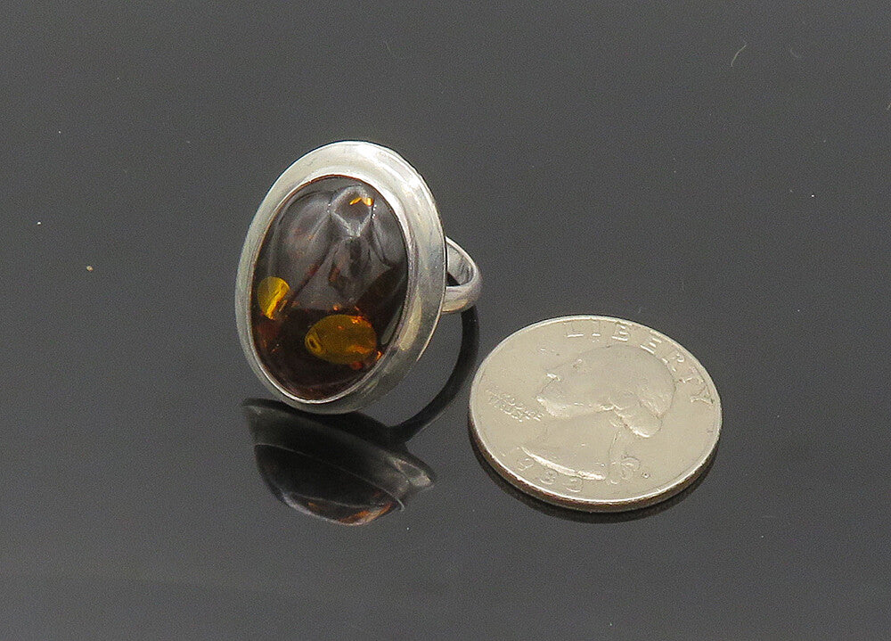 POLAND 925 Sterling Silver  Vintage Cabochon Cut Amber Band Ring Sz 9  RG20284