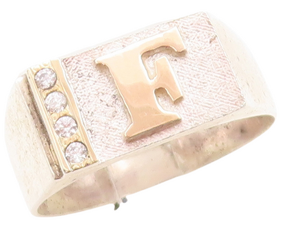 14k Gold 925 Sterling Silver Vintage Ring Carved F CZ Inlay  Sz 11.5  RG31523
