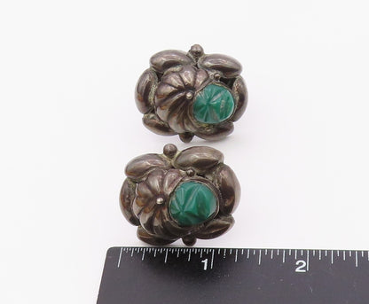 MEXICO 925 Sterling Silver Vintage Carved Warrior Green Onyx Cuff Links  TR3459