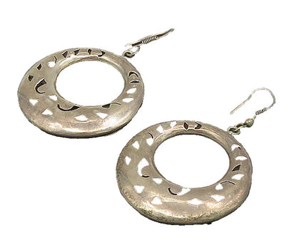 MEXICO 925 Silver  Vintage Open Circle Carved Shapes Dangle Earrings  EG11698