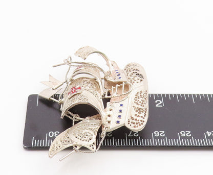 925 Sterling Silver Vintage Brooch Pin TOPAZIO Enameled Caravel Ship  BP12455