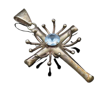 MB MEXICO 925 Silver  Vintage 3D Spiked Religious Cross Topaz Pendant  PT21578