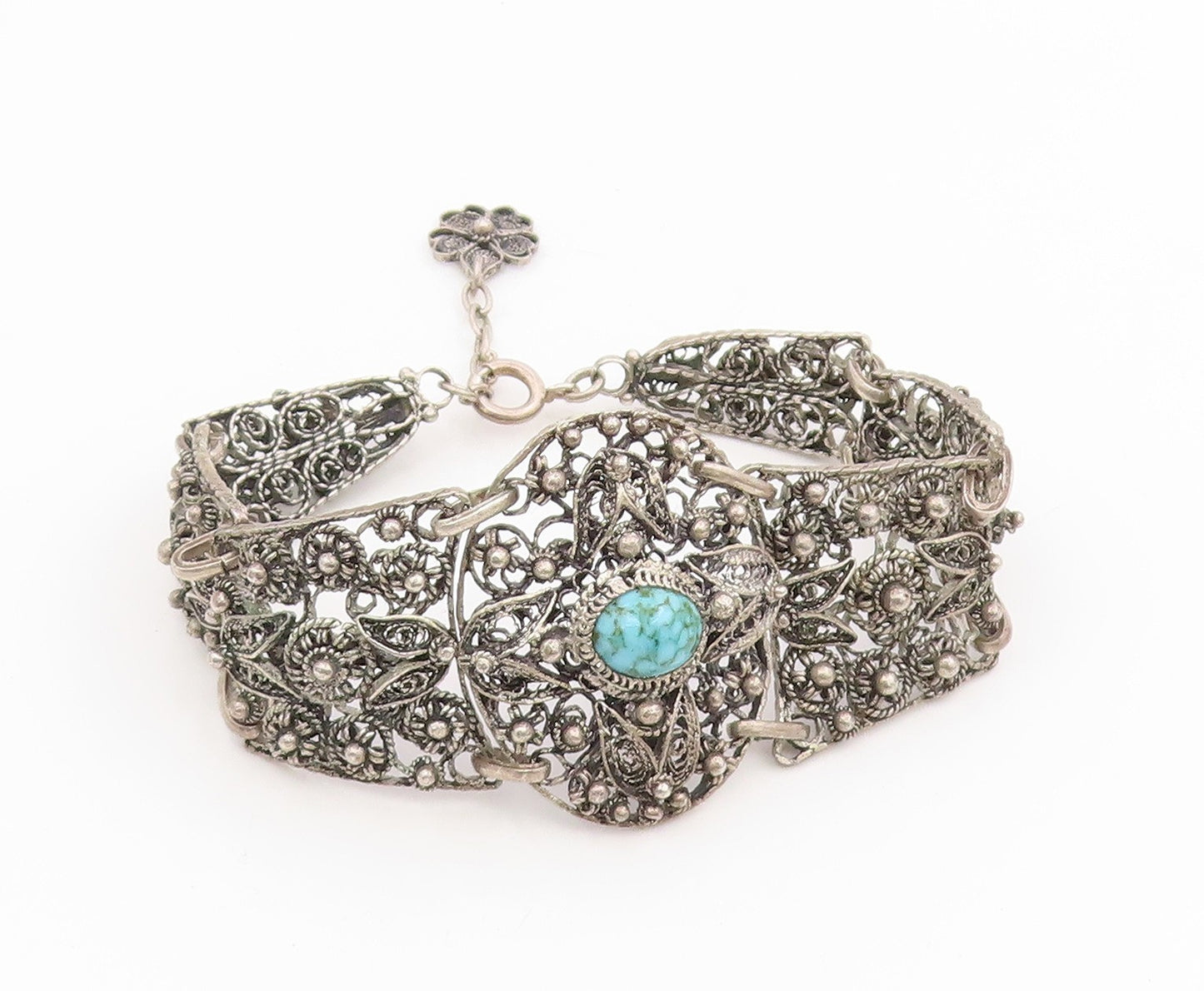 925 Sterling Silver Vintage Bracelet Turquoise Intricate Floral Filigree BT11710