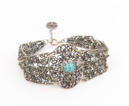 925 Sterling Silver Vintage Bracelet Turquoise Intricate Floral Filigree BT11710