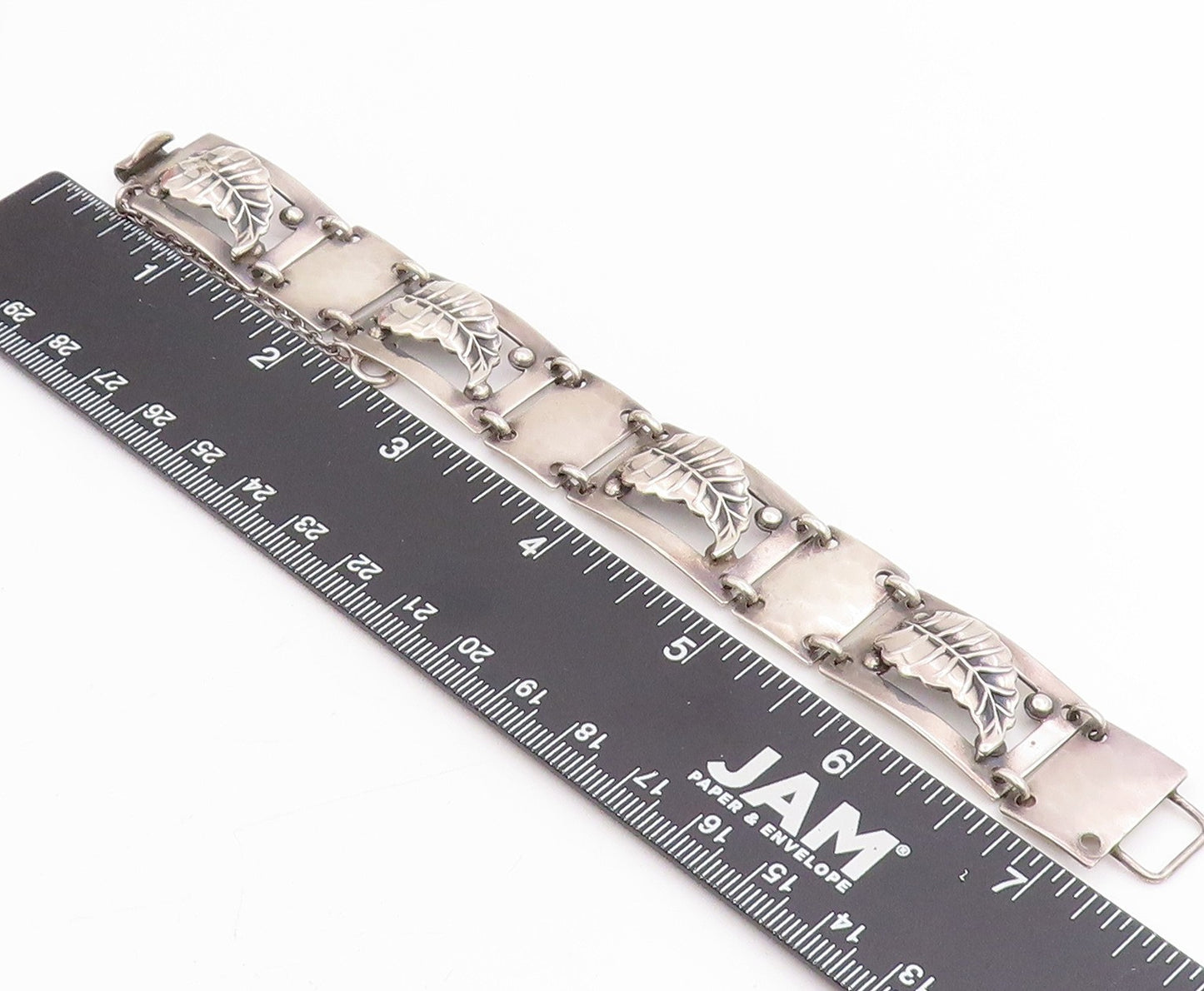 925 Sterling Silver Vintage Bracelet Carved Floral Leaf Panel Link Chain BT11479