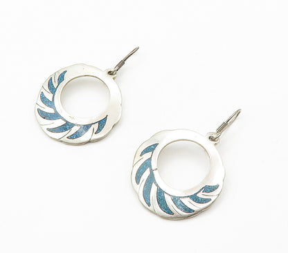 MEXICO 925 Silver  Vintage Inlaid Turquoise Round Dangle Earrings  EG7847