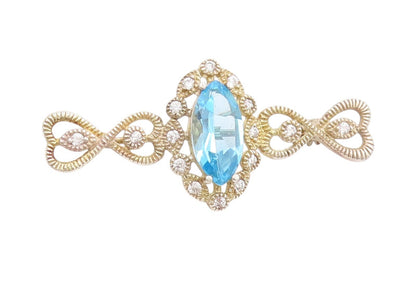 925 Sterling Silver Vintage Brooch Marquise Cut Blue Topaz & Halo CZ Pin BP11944