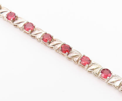 925 Sterling Silver  Vintage Prong Set Red Topaz Shiny Chain Bracelet  BT8316