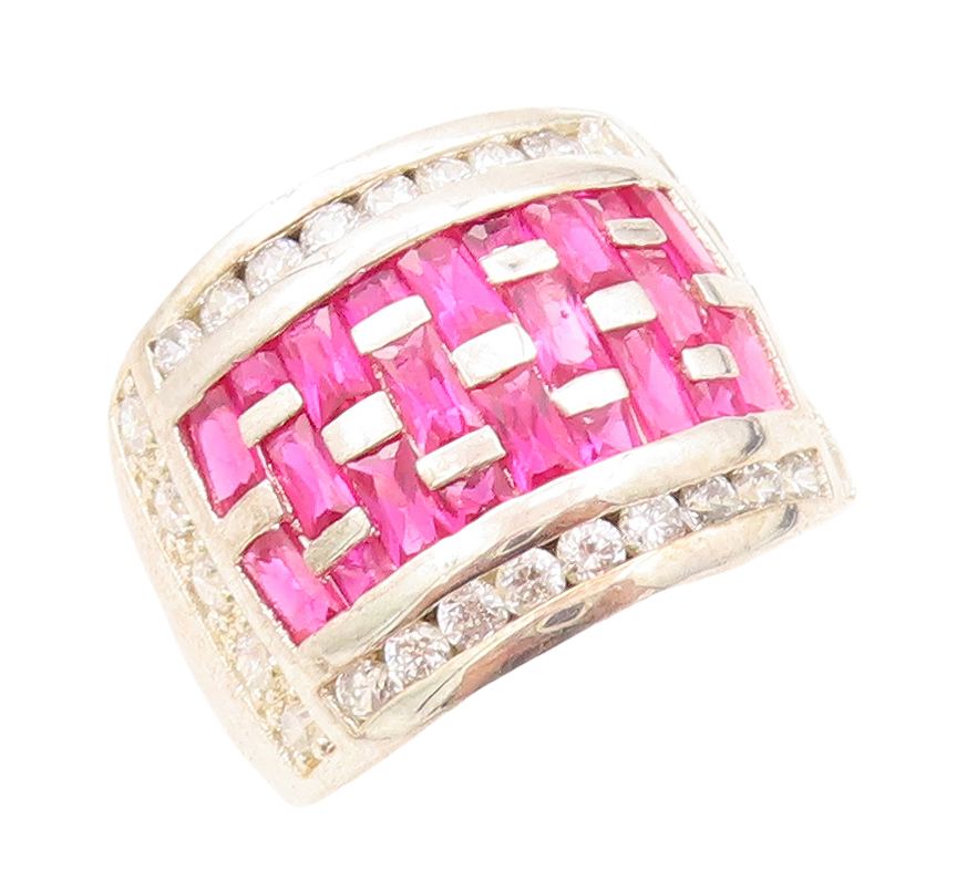 925 Sterling Silver Vintage Ring Designer Pink & White CZ Inlay  Sz 7  RG31113
