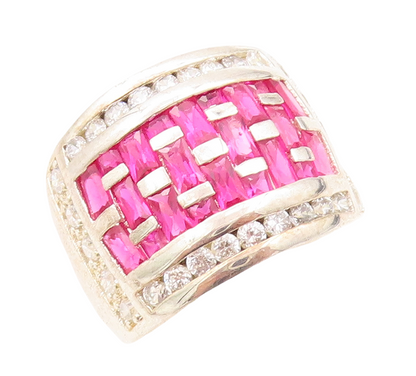 925 Sterling Silver Vintage Ring Designer Pink & White CZ Inlay  Sz 7  RG31113