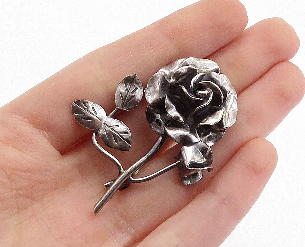MEXICO 925 Sterling Silver  Vintage Oxidized Sculpted Flower Brooch Pin BP2730