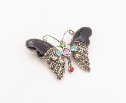925 Sterling Silver Vintage Brooch Pin Multi Gemstone Classic Butterfly  BP12445