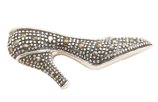 925 Sterling Silver Vintage Brooch Pin Marcasite High Heel Shoe Charm  BP12646