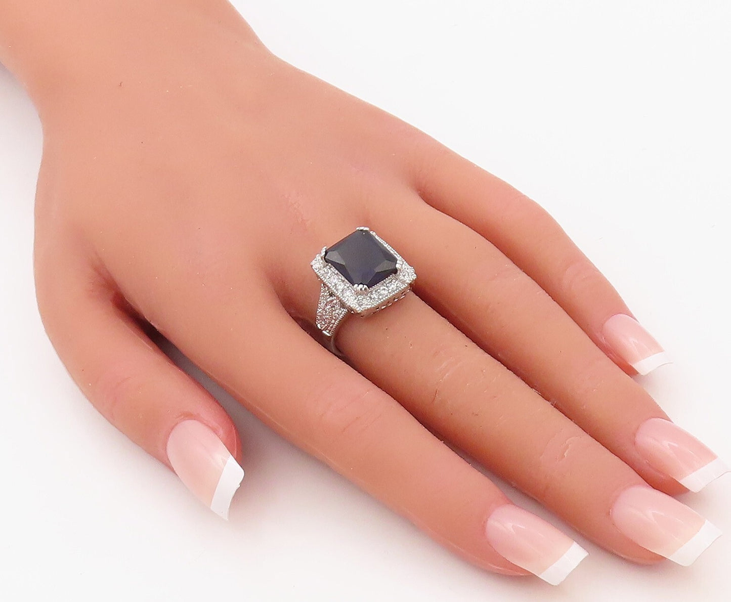 925 Sterling Silver Vintage Ring Rectangle Sapphire Halo CZ Frame  Sz 7  RG30784
