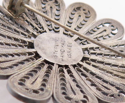 925 Sterling Silver Vintage Brooch Pin ISRAEL Dark Tone Filigree Flower  BP11566