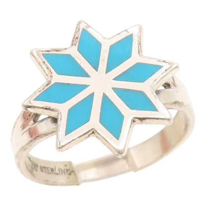 925 Sterling Silver Vintage Ring BELL Turquoise Geometric Flower Sz 7.5 RG35668