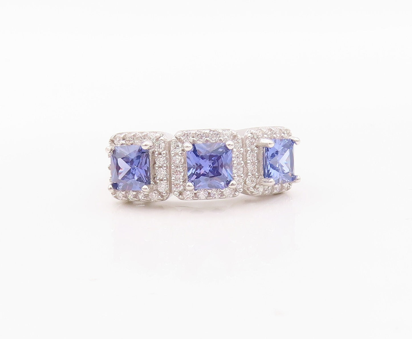 925 Sterling Silver Vintage Ring Square Cut Blue Halo White CZ  Sz 7  RG29937