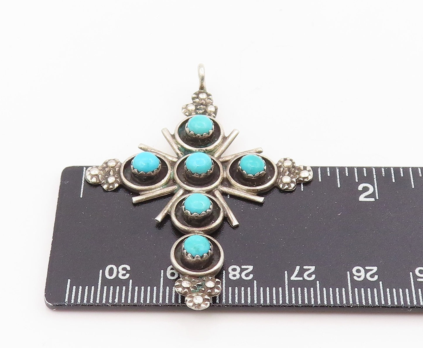 925 Sterling Silver Vintage Pendant NAVAJO ZUNI Round Turquoise Cross  PT25670