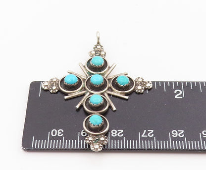 925 Sterling Silver Vintage Pendant NAVAJO ZUNI Round Turquoise Cross  PT25670