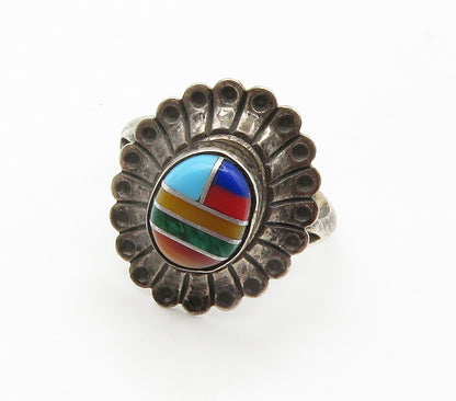 ZUNI 925 Silver Vintage Malachite & Multi Stone Band Ring Sz 5.5 RG15366