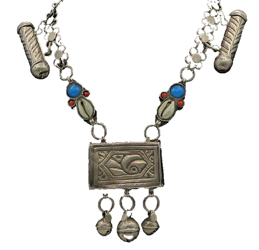 925 Silver  Vintage Antique Turquoise & Coral Floral Chain Necklace  NE2877