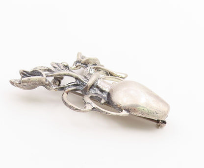 925 Sterling Silver  Vintage Oxidized Vase Of Flower Motif Brooch Pin  BP6324