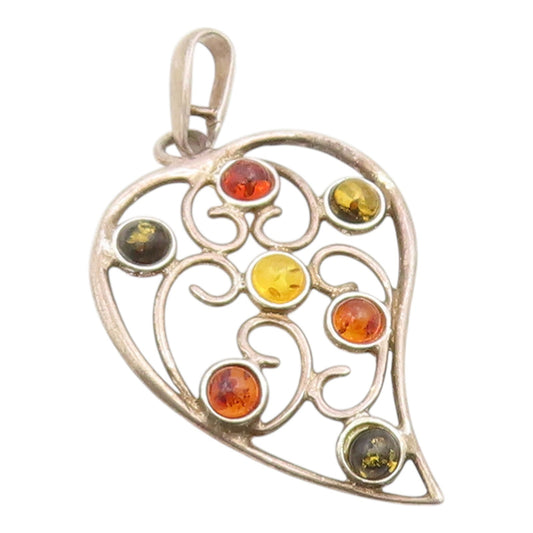 925 Sterling Silver Vintage Pendant Multi Color Amber Swirly Love Heart  PT26194