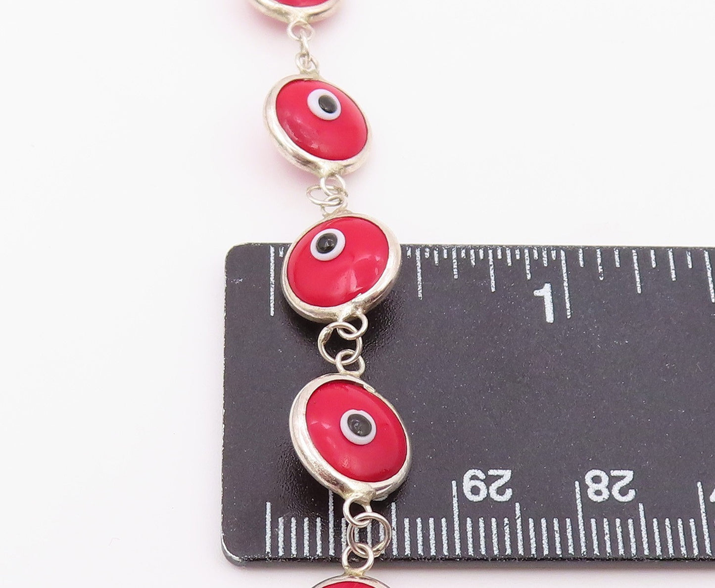 925 Sterling Silver  Vintage Red Evil Eye Protection Chain Bracelet  BT9403