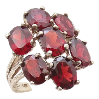925 Sterling Silver Vintage Ring Elegant Garnet Floral Cluster  Sz 7  RG36352