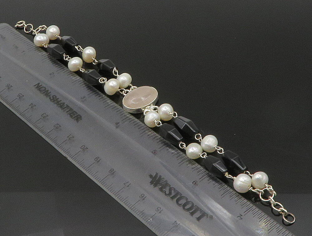 925 Sterling Silver  Rose Quartz & Freshwater Pearls Chain Bracelet  BT1164