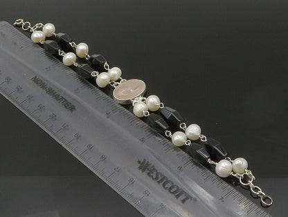 925 Sterling Silver  Rose Quartz & Freshwater Pearls Chain Bracelet  BT1164