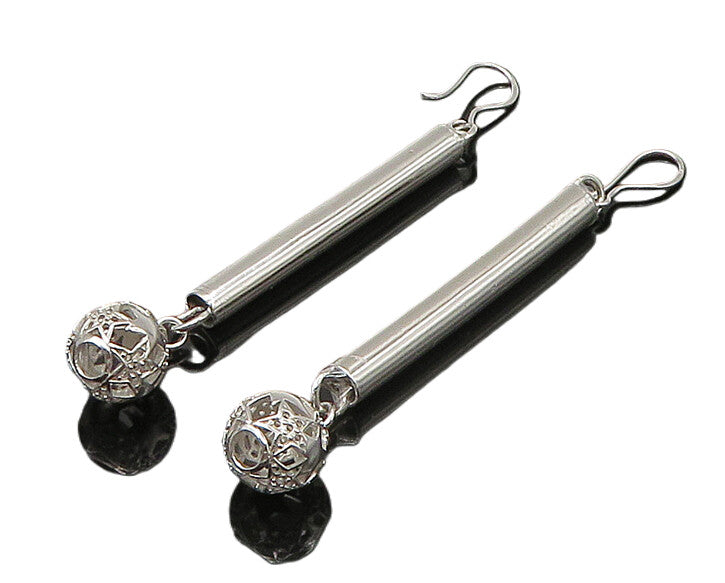 925 Sterling Silver  Vintage Shiny Star Sphere Tube Dangle Earrings  EG11038